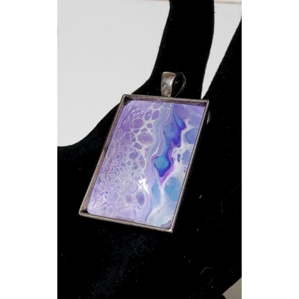 Handmade Rectangular Pendant With Abstract Purple & Blue Design In Silver-Tone F - Picture 3 of 4